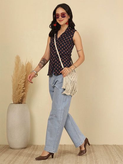 Blue Printed Straight Top