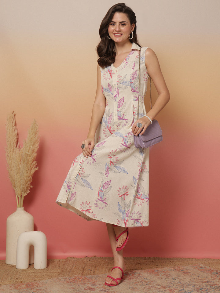 White Printed Notched Collar Dress