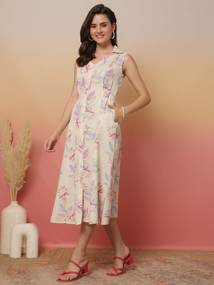 White Printed Notched Collar Dress