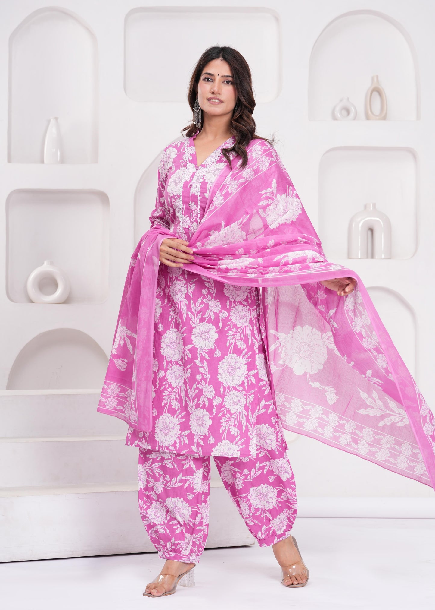 Pink Printed Straight Kurta Set With Dupatta