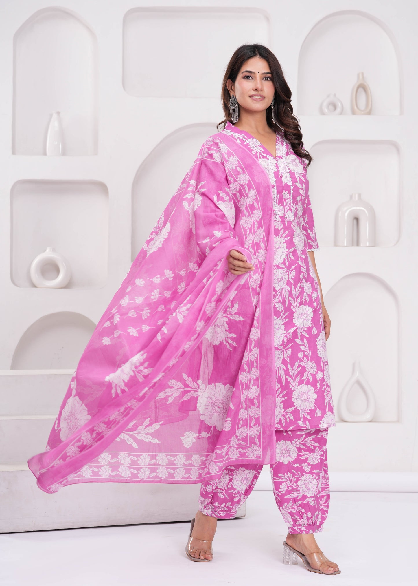 Pink Printed Straight Kurta Set With Dupatta