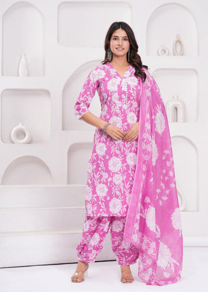 Pink Printed Straight Kurta Set With Dupatta