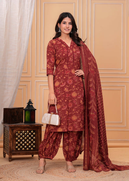 Maroon Printed Straight Kurta Set With Dupatta