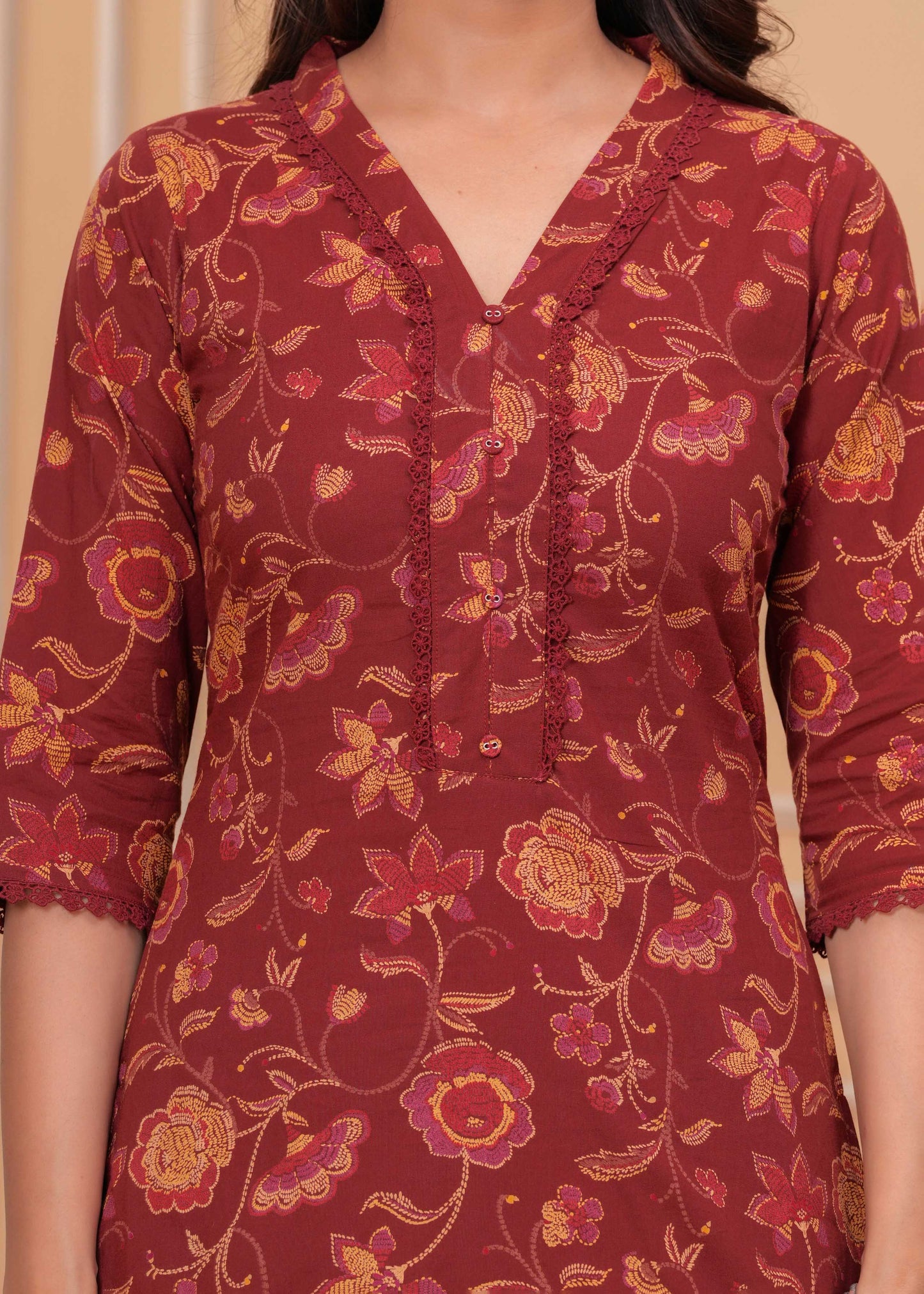 Maroon Printed Straight Kurta Set With Dupatta