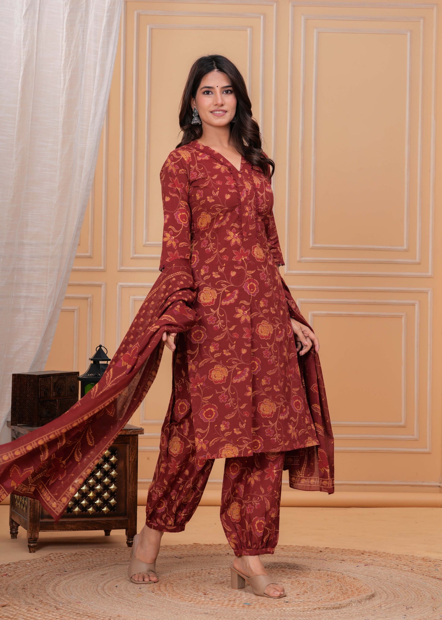 Maroon Printed Straight Kurta Set With Dupatta