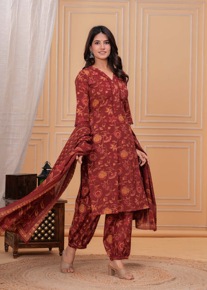 Maroon Printed Straight Kurta Set With Dupatta
