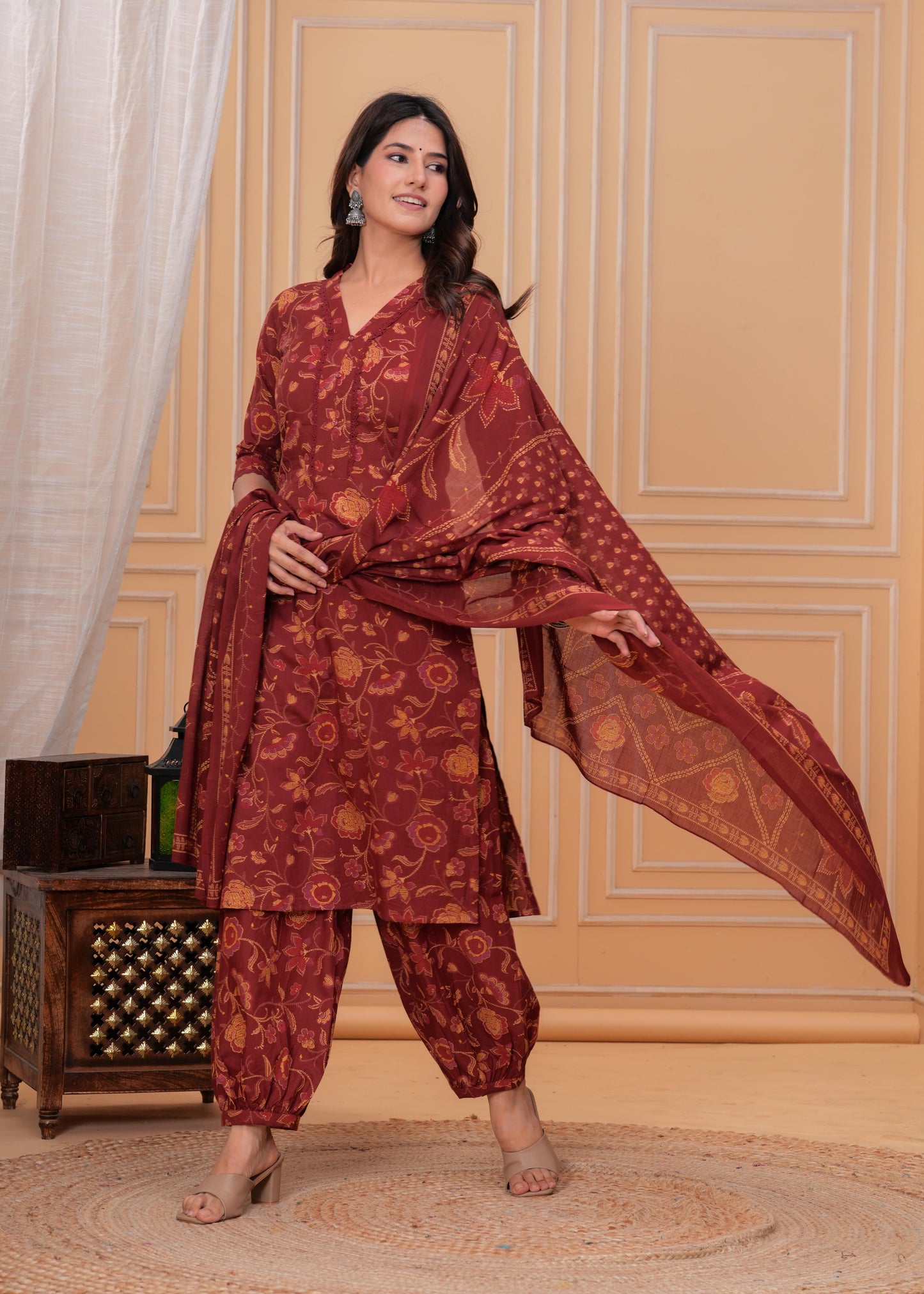Maroon Printed Straight Kurta Set With Dupatta