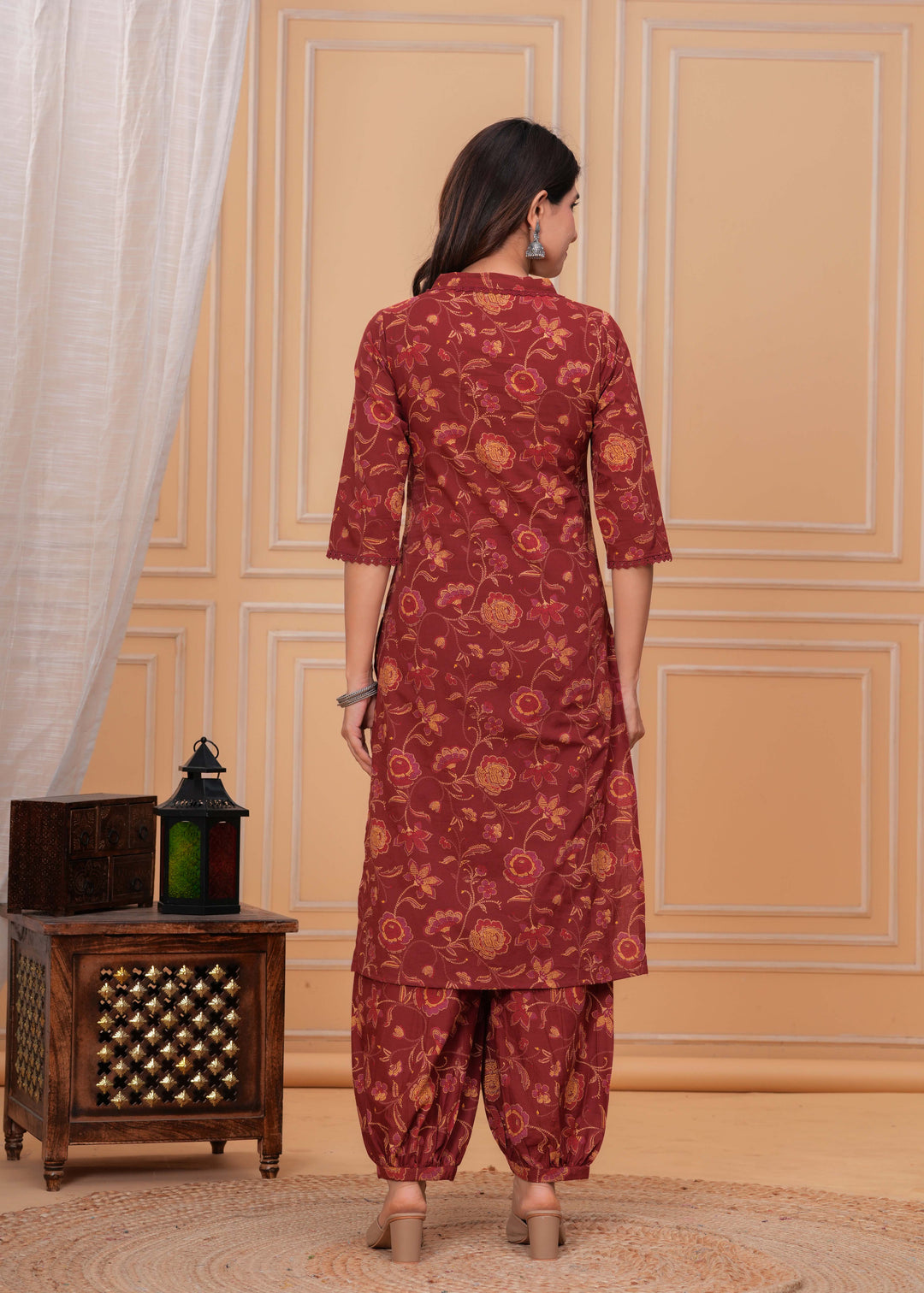 Maroon Printed Straight Kurta Set With Dupatta
