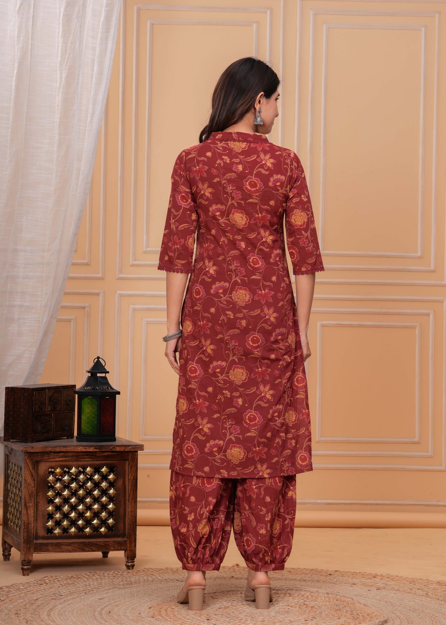 Maroon Printed Straight Kurta Set With Dupatta