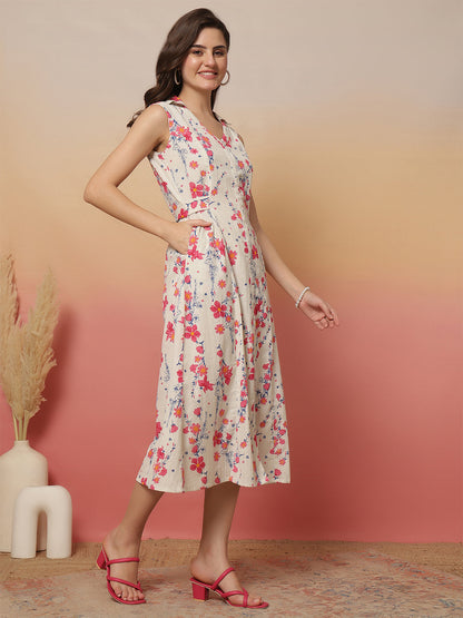 White Printed Notched Collar Dress