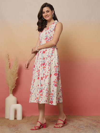 White Printed Notched Collar Dress