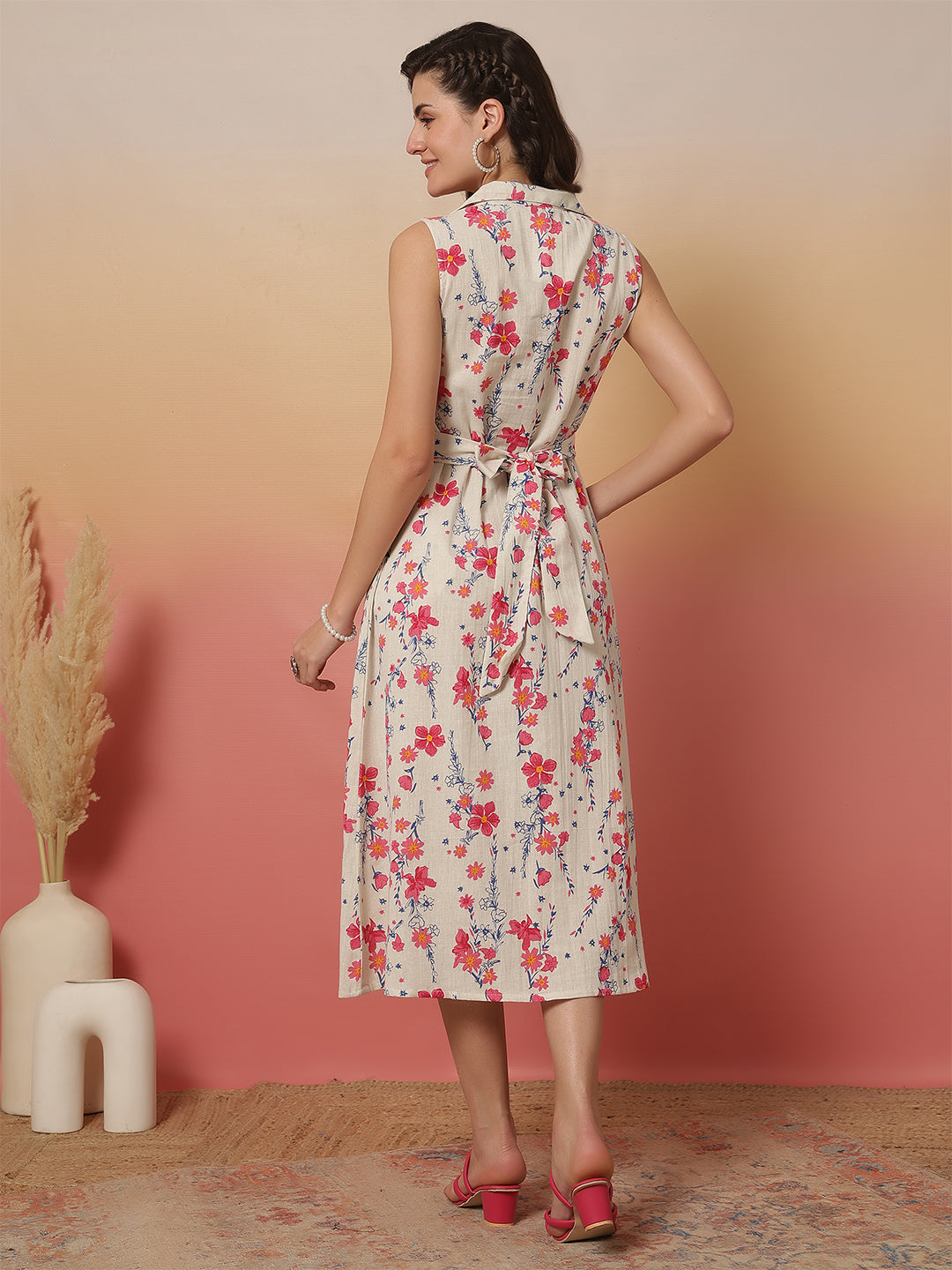 White Printed Notched Collar Dress