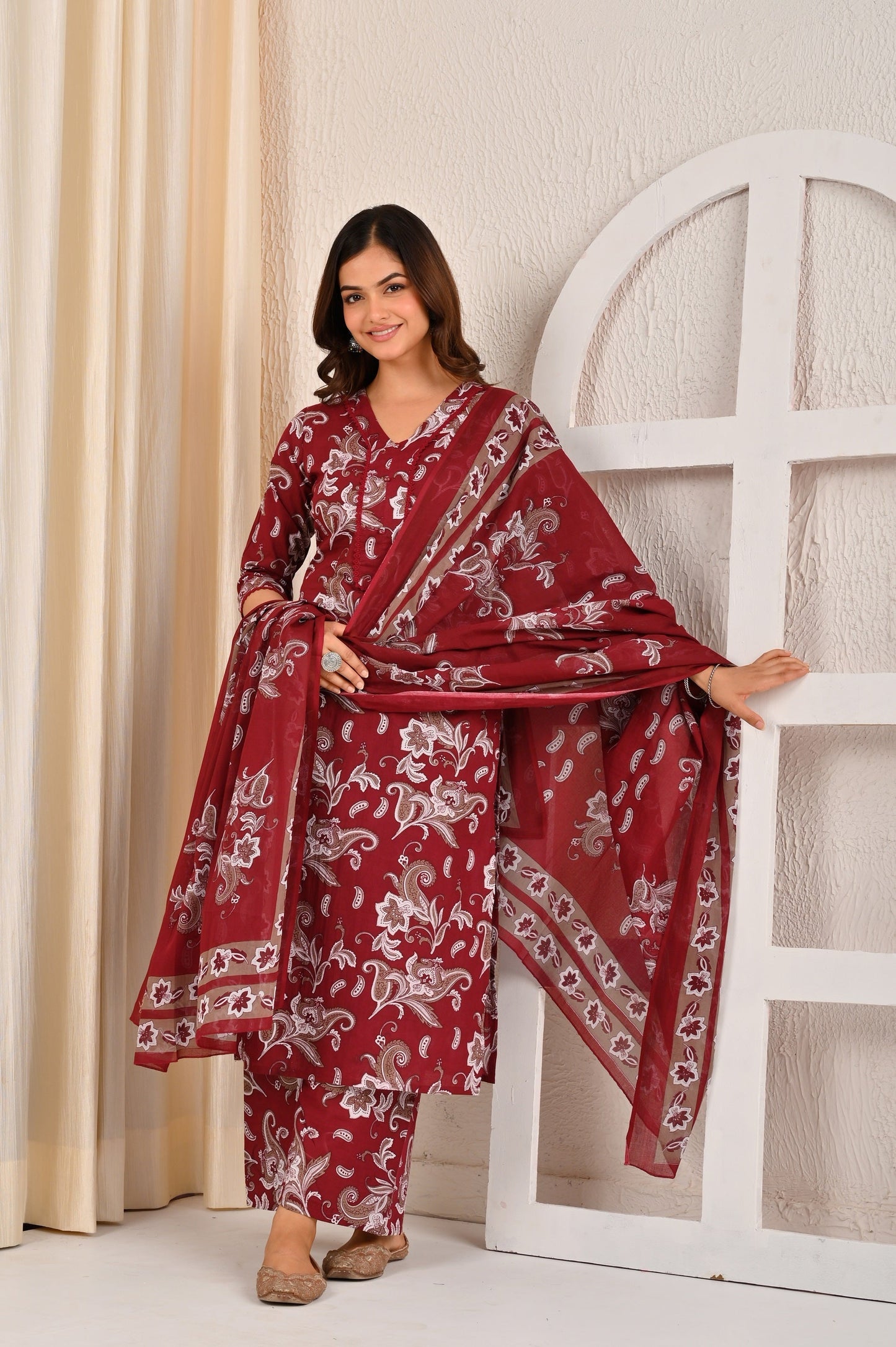 Burgundy Printed Straight Kurta Set With Dupatta