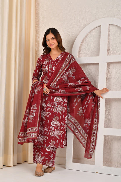 Burgundy Printed Straight Kurta Set With Dupatta