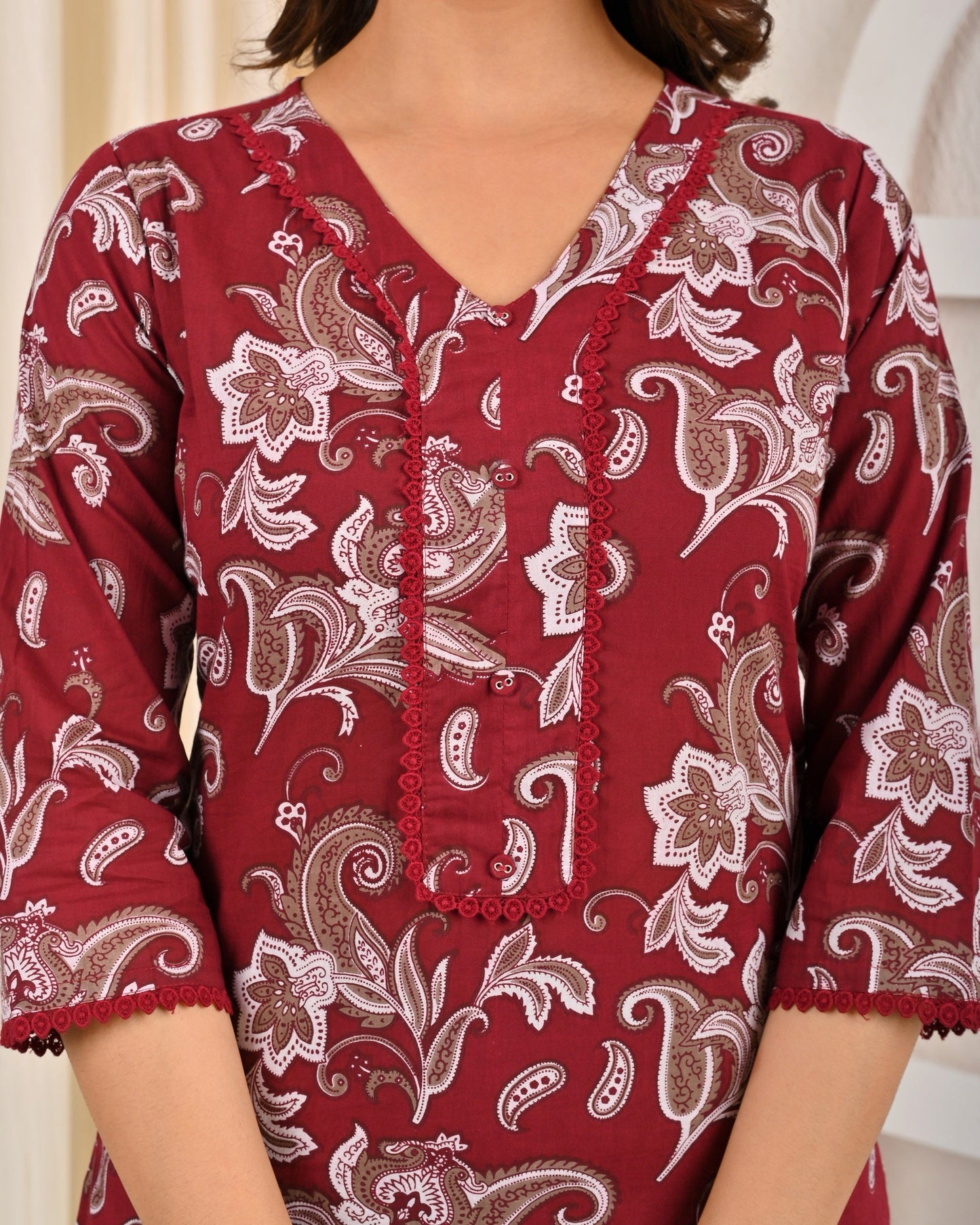 Burgundy Printed Straight Kurta Set With Dupatta