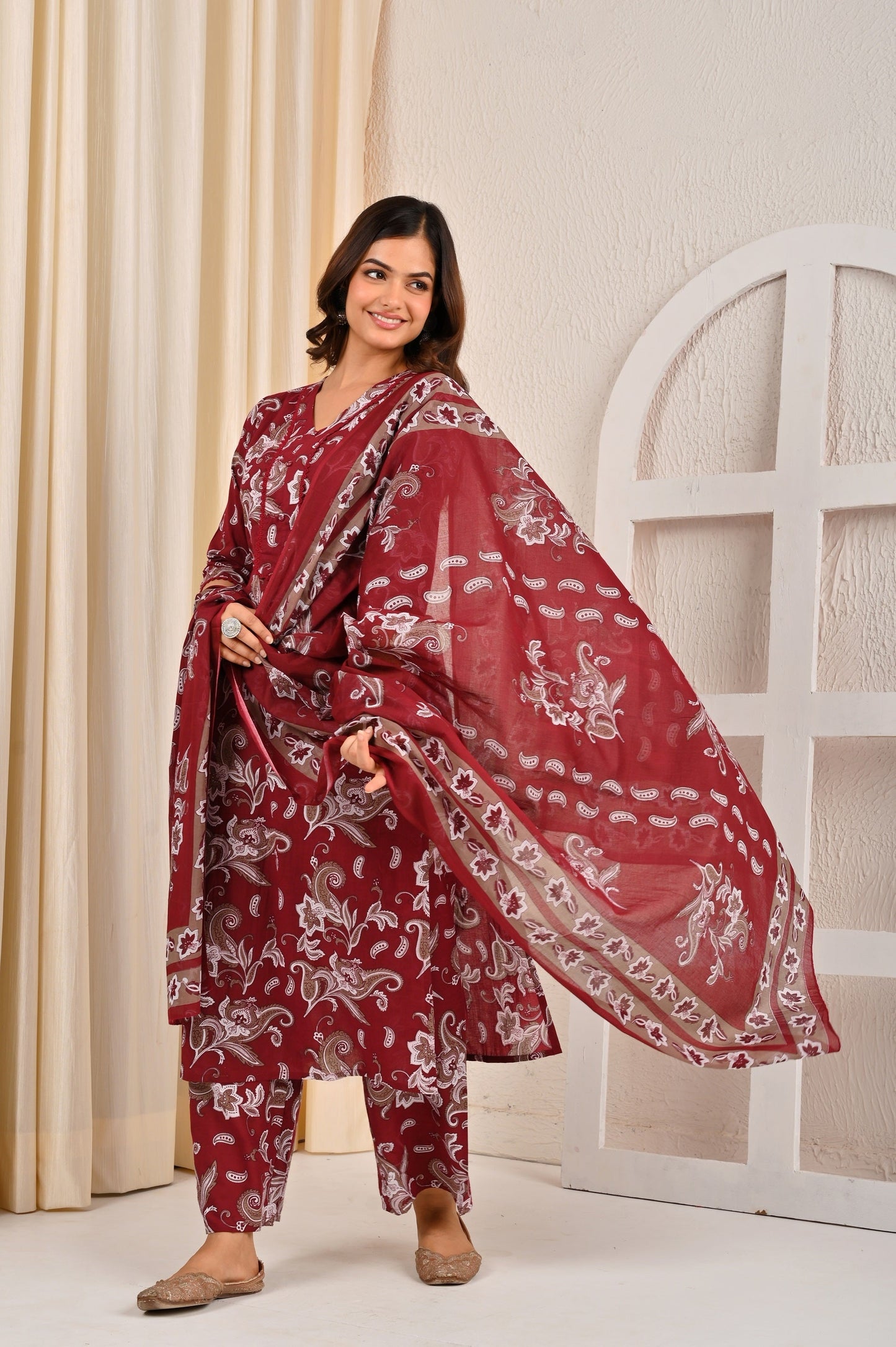 Burgundy Printed Straight Kurta Set With Dupatta