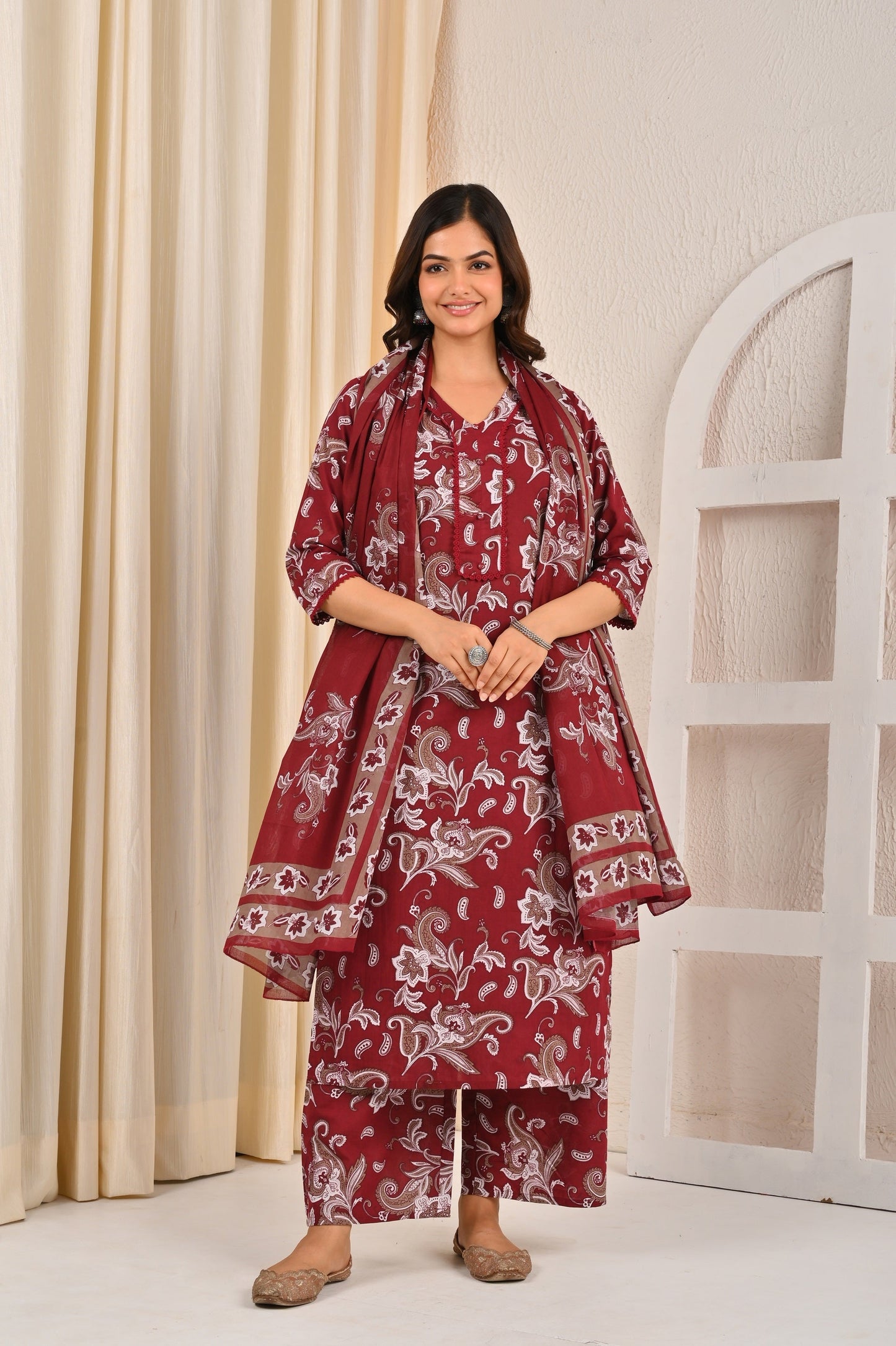 Burgundy Printed Straight Kurta Set With Dupatta