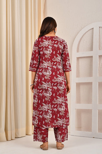 Burgundy Printed Straight Kurta Set With Dupatta