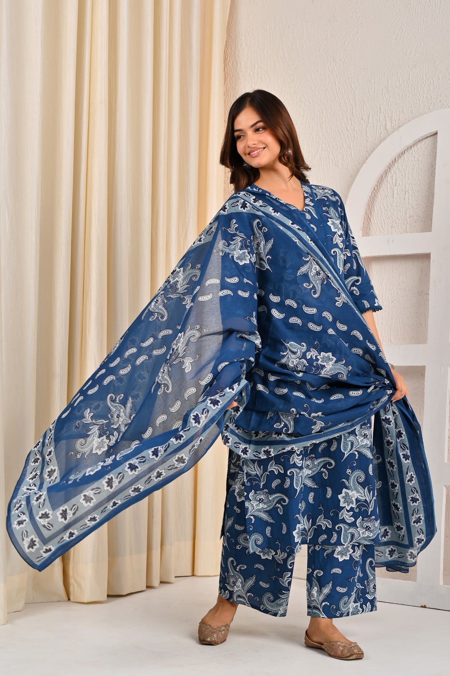 Blue Printed Straight Kurta Set With Dupatta