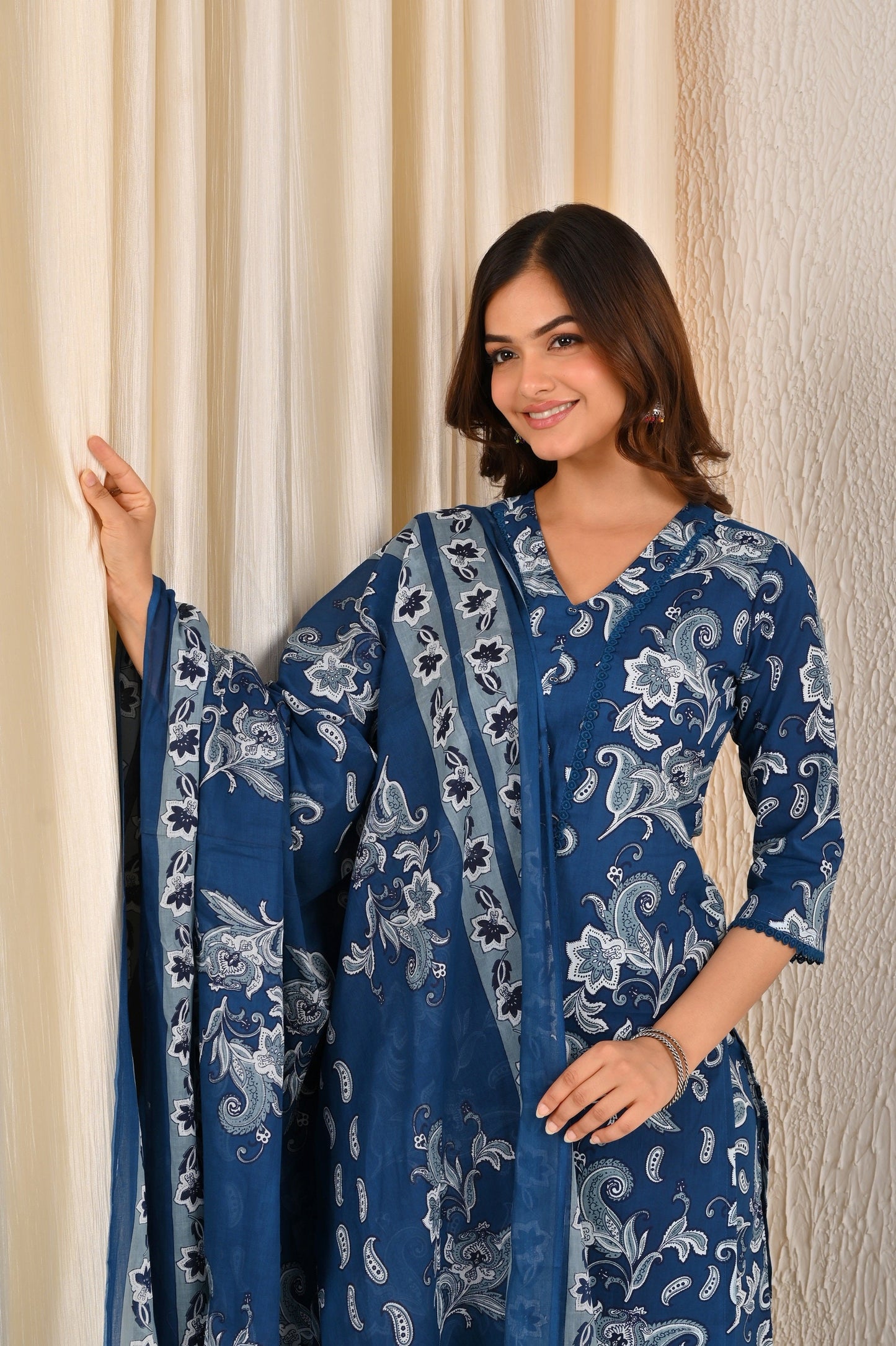 Blue Printed Straight Kurta Set With Dupatta