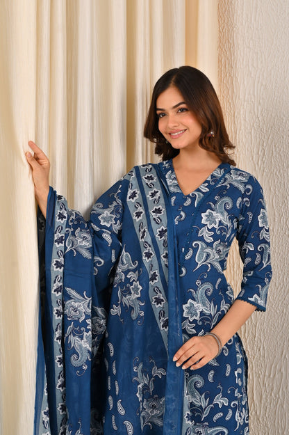 Blue Printed Straight Kurta Set With Dupatta