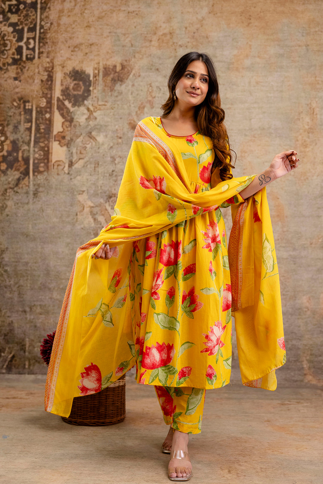 Yellow Floral Printed Kurta Set With Dupatta