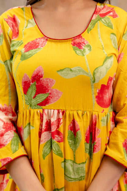 Yellow Floral Printed Kurta Set With Dupatta