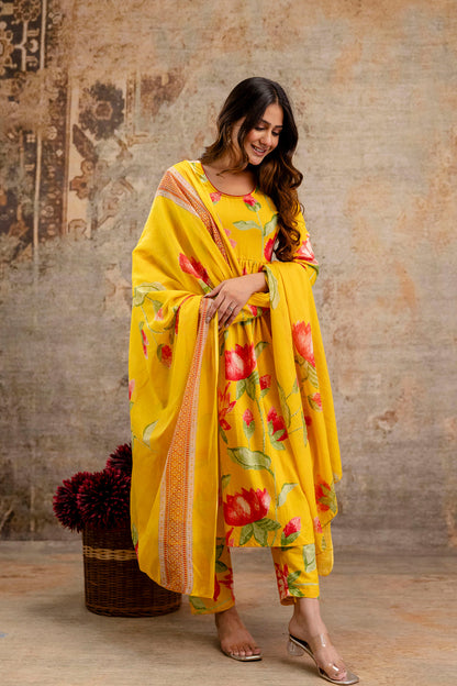 Yellow Floral Printed Kurta Set With Dupatta