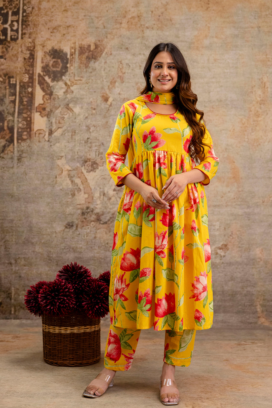 Yellow Floral Printed Kurta Set With Dupatta