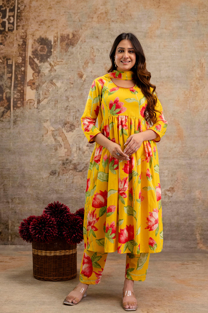 Yellow Floral Printed Kurta Set With Dupatta