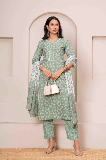 Green Printed Straight Kurta Set With Dupatta