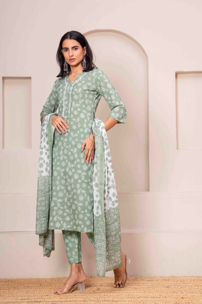 Green Printed Straight Kurta Set With Dupatta