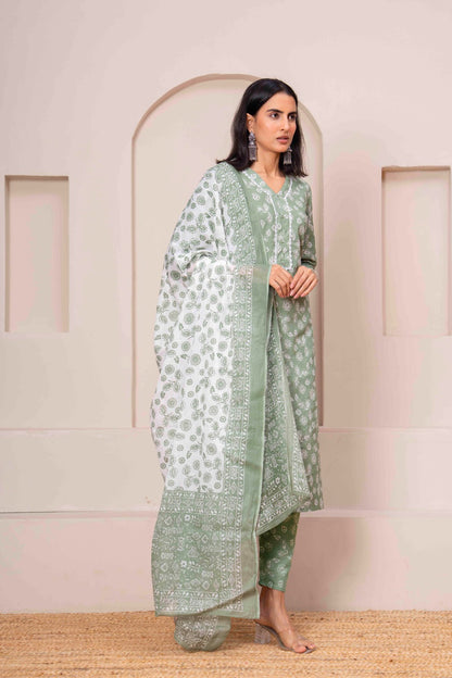 Green Printed Straight Kurta Set With Dupatta