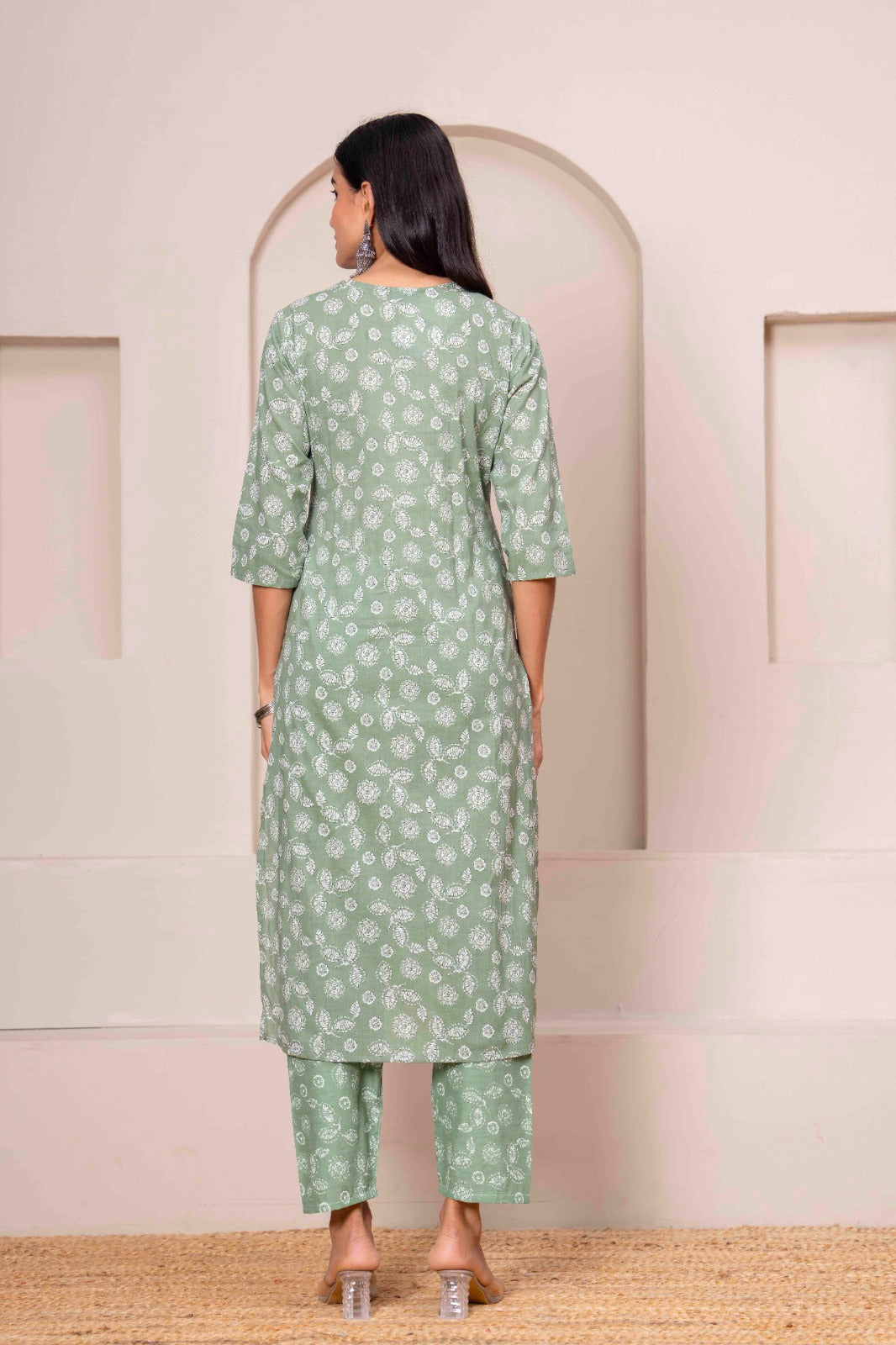 Green Printed Straight Kurta Set With Dupatta