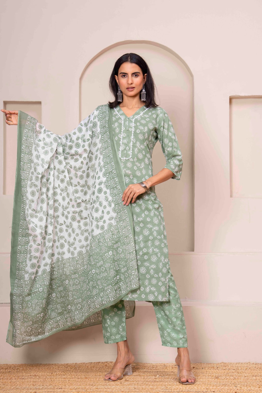 Green Printed Straight Kurta Set With Dupatta