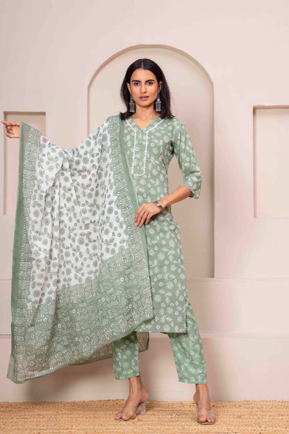 Green Printed Straight Kurta Set With Dupatta