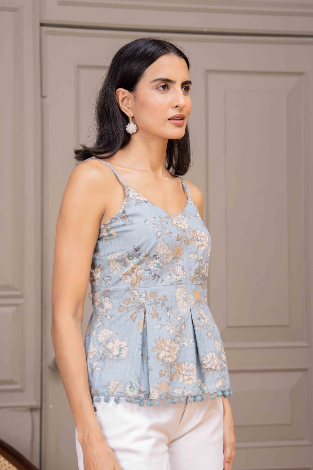 Blue Printed Sleeveless Top