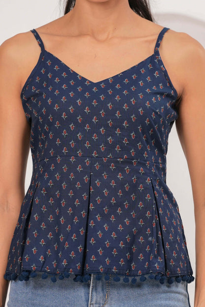 Navy Blue Printed Sleeveless Top
