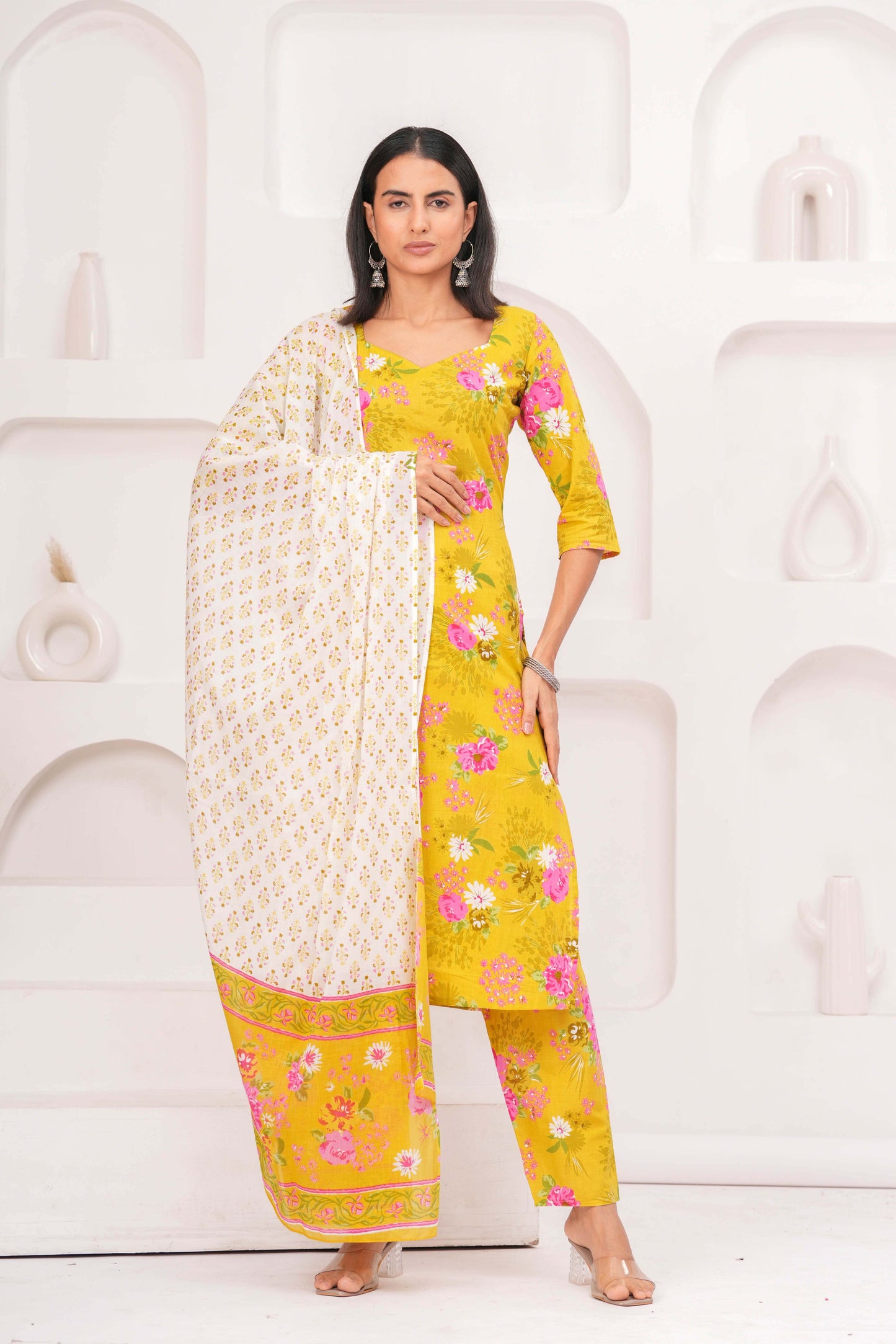 Yellow Printed Straight Kurta Set With Dupatta