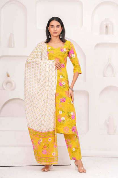 Yellow Printed Straight Kurta Set With Dupatta