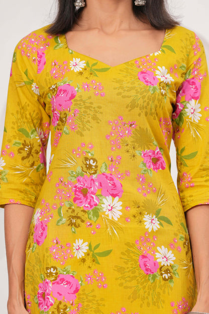 Yellow Printed Straight Kurta Set With Dupatta