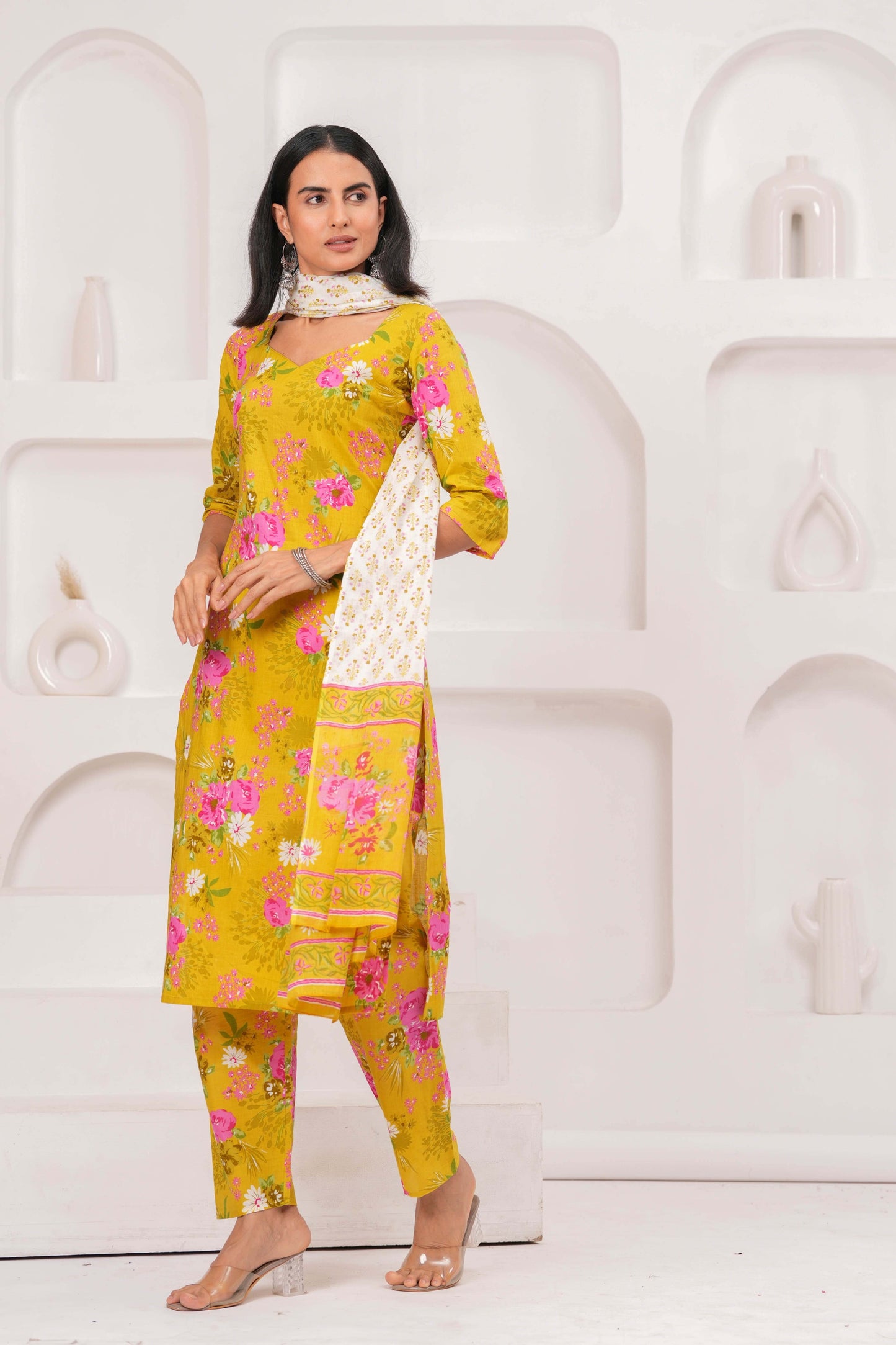 Yellow Printed Straight Kurta Set With Dupatta