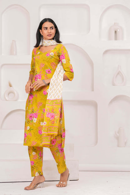 Yellow Printed Straight Kurta Set With Dupatta