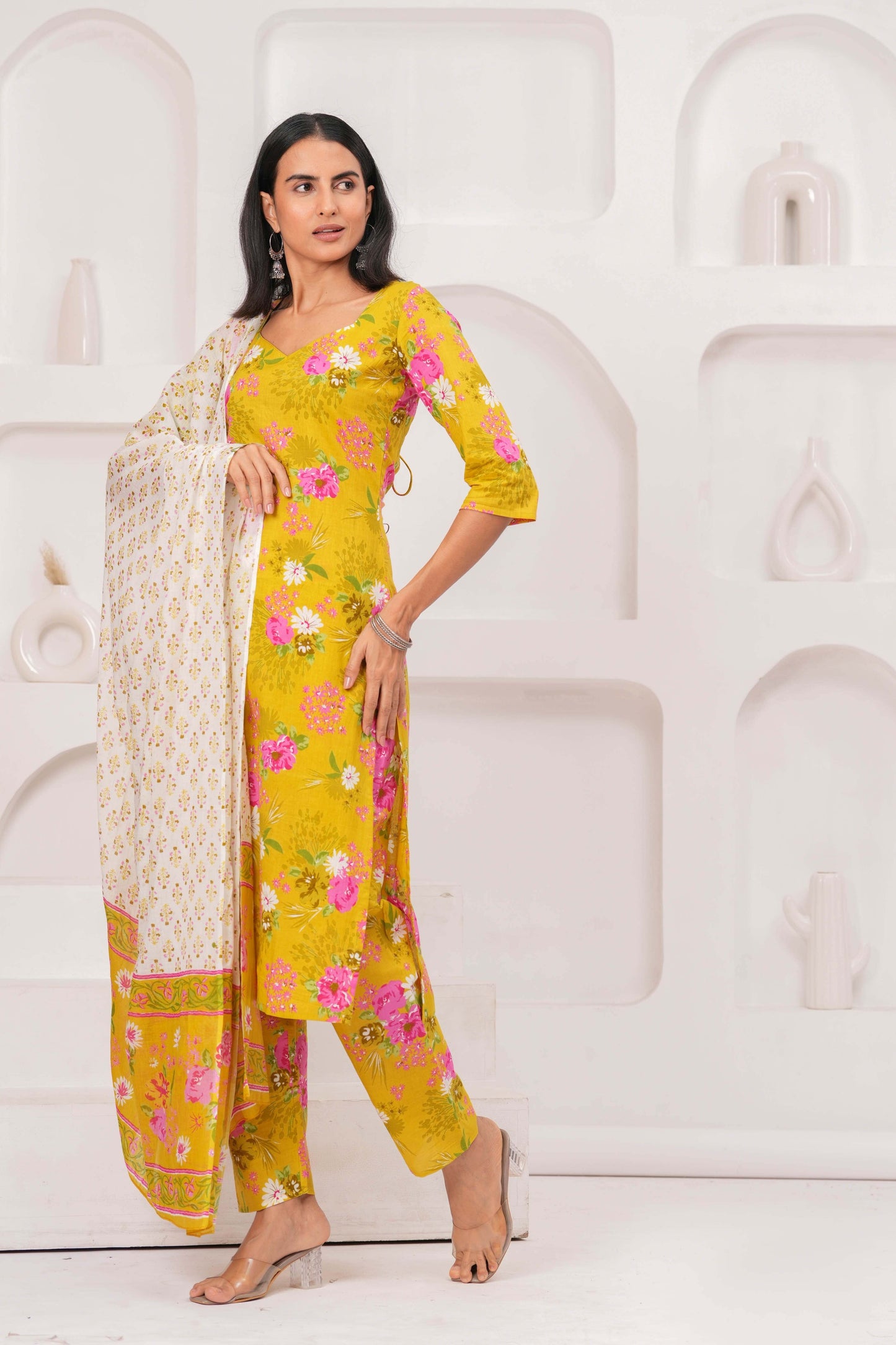 Yellow Printed Straight Kurta Set With Dupatta