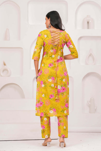 Yellow Printed Straight Kurta Set With Dupatta