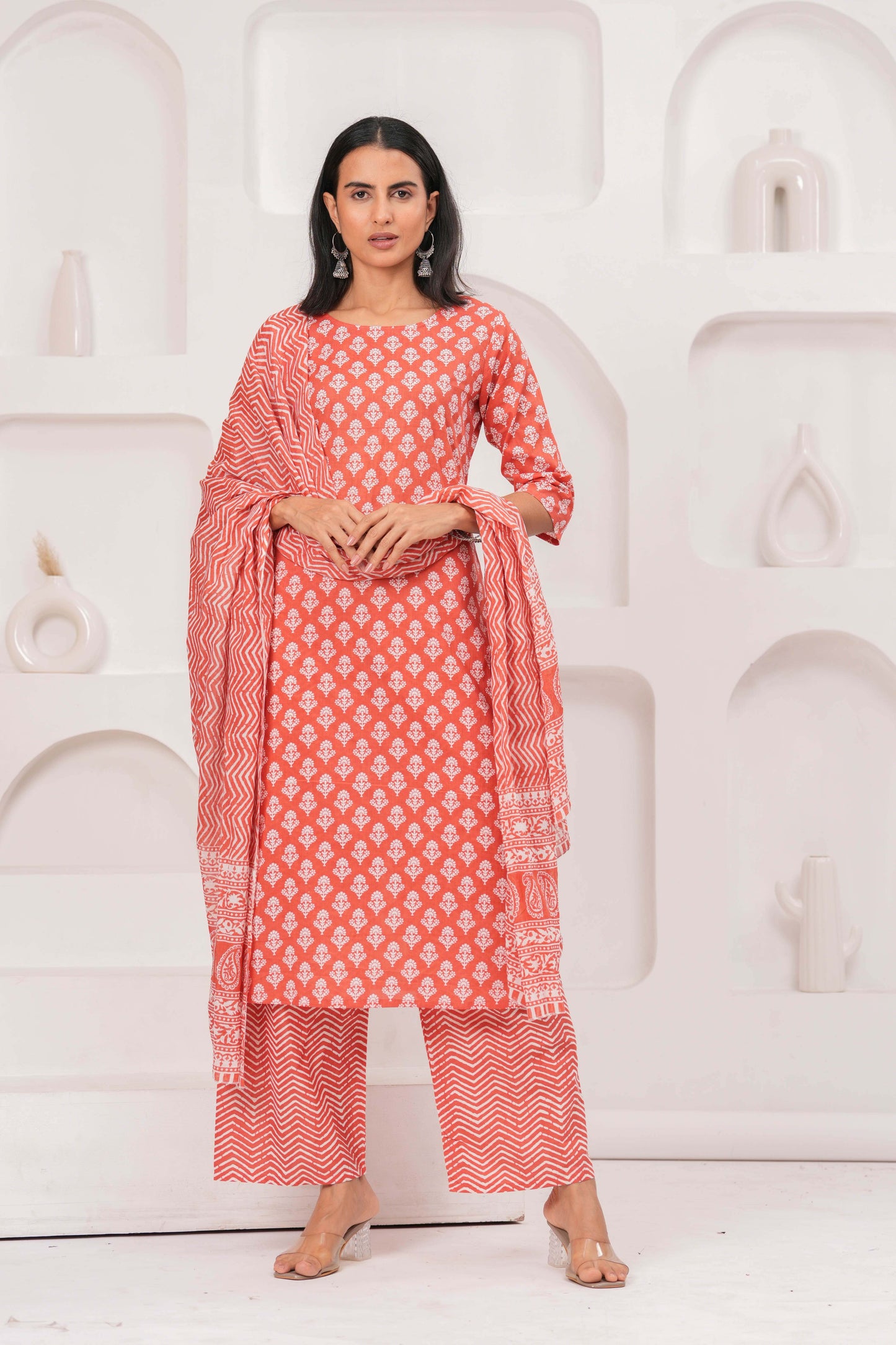 Rust Printed Straight Kurta Set With Dupatta