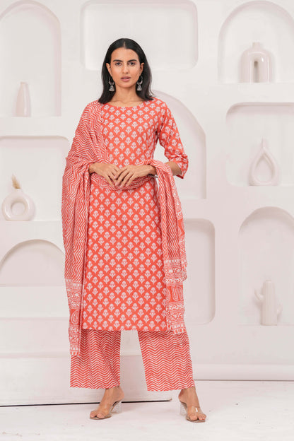 Rust Printed Straight Kurta Set With Dupatta