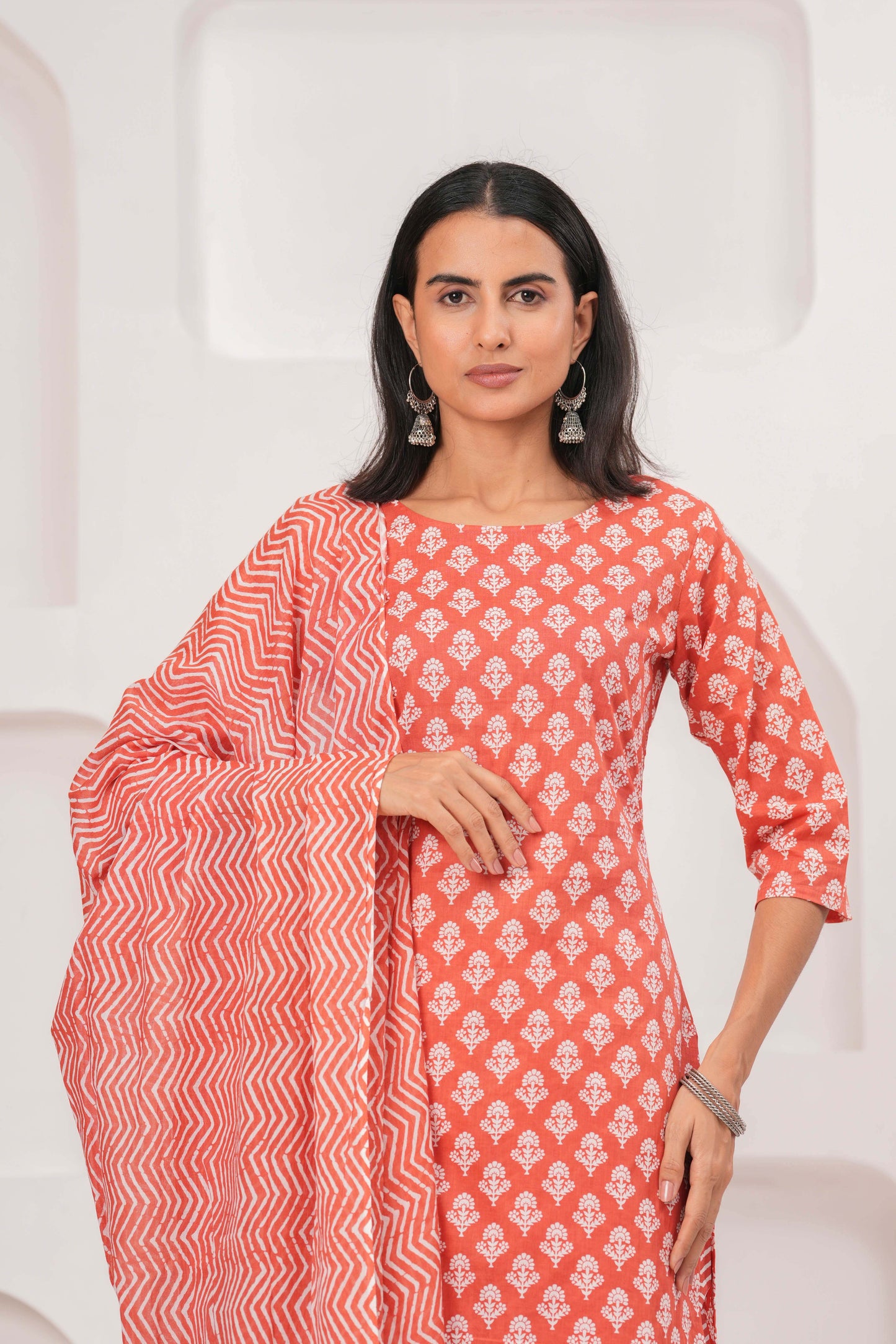 Rust Printed Straight Kurta Set With Dupatta