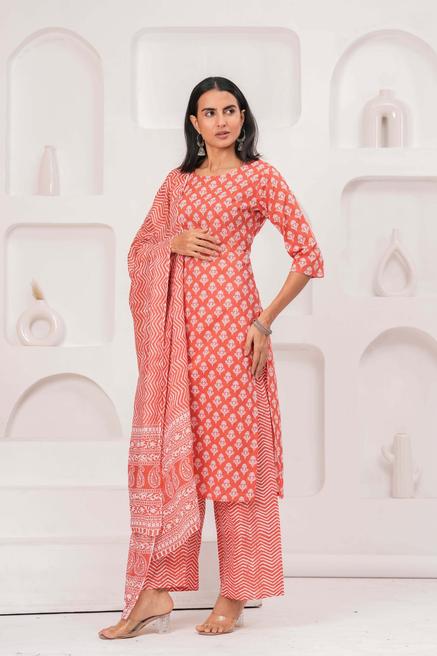 Rust Printed Straight Kurta Set With Dupatta