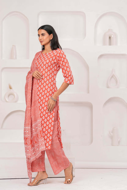 Rust Printed Straight Kurta Set With Dupatta